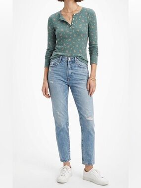 American Eagle Green Floral Print Henley Long Sleeve Shirt Size Medium Cotton